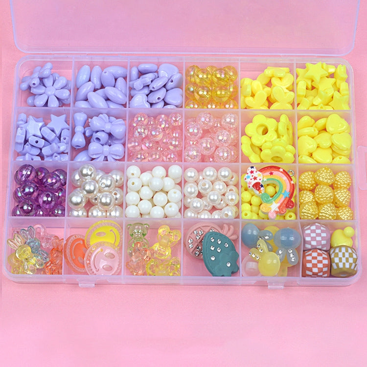 Kids acrylic bead jewelry kit case with mixed beads, pearls, stars, and heart shapes in sections