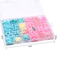 Open bead kit case with pastel blue, white, and pink beads in small compartments