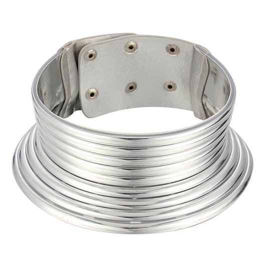 Silver metal ring choker with light gray leather lining and small round stud accents