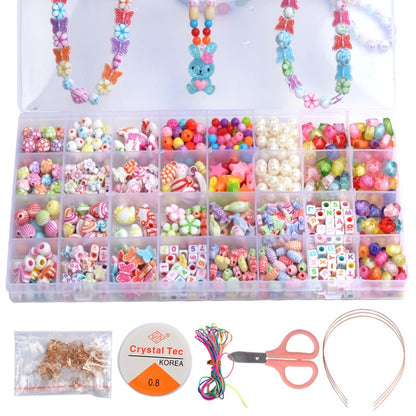 Kids DIY bead jewelry kit with colorful beads and multiple finished bracelets