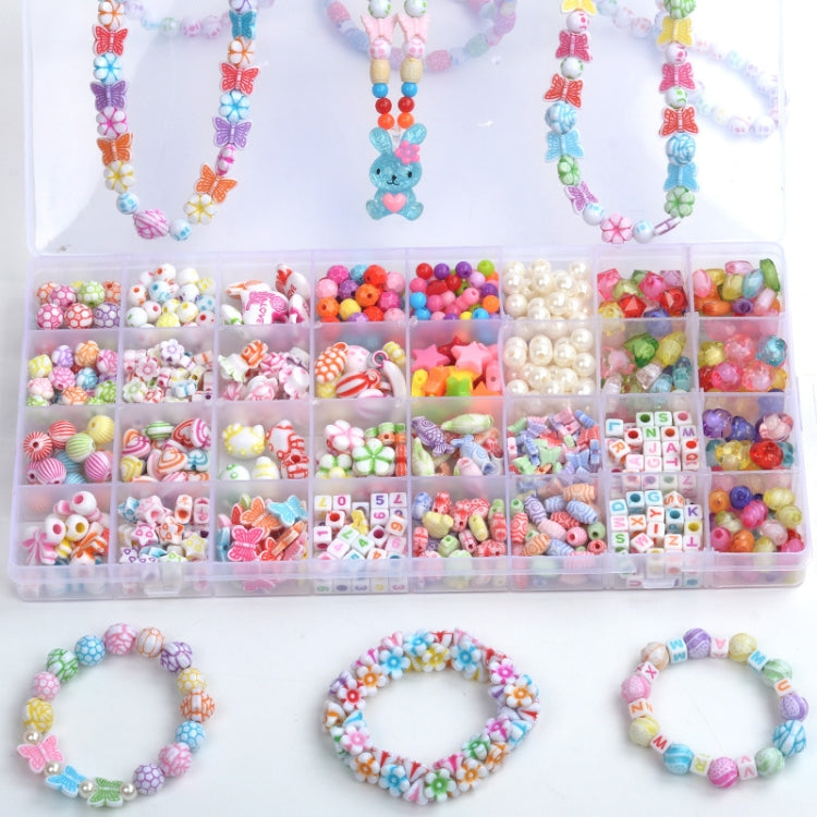 Kids beaded necklaces and bracelets with bead organizer tray underneath