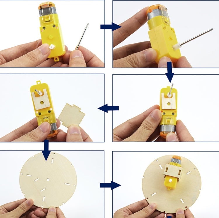 DIY assembly steps with yellow battery unit and wooden gear disk parts