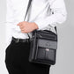 Men's black messenger bag worn on shoulder with front flap, dual zip compartments, side strap