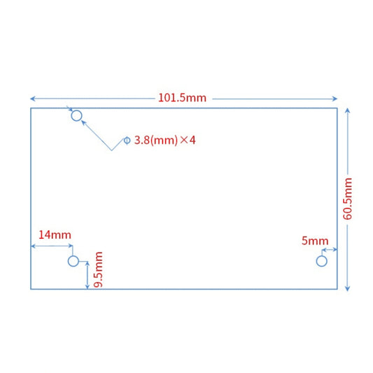 RAMPS 1.4 board dimensions: 101.5 mm x 60.5 mm, mounting holes marked