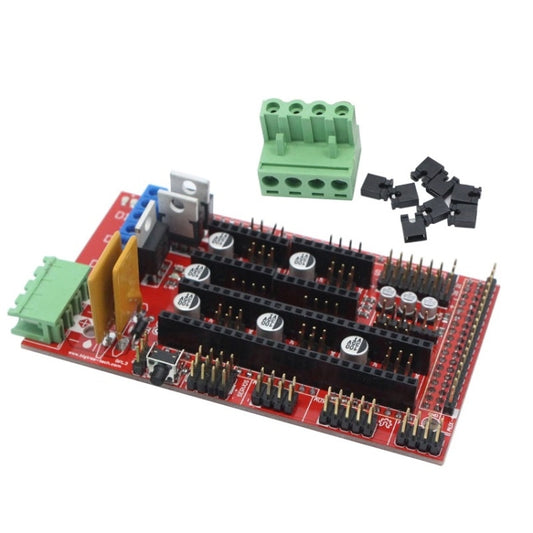 3D printer RAMPS 1.4 control board with red PCB, pin headers, and screw terminals