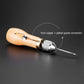 Leather stitching tool with wooden handle, brass ring, and pointed steel needle
