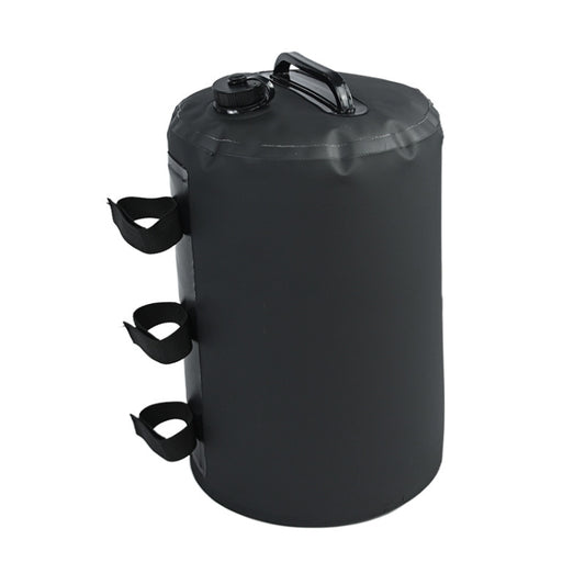Windproof tent water bag, black cylindrical design with top cap, handle, and side straps