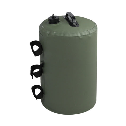 Windproof tent water bag, green cylindrical design with top cap, handle, and side straps
