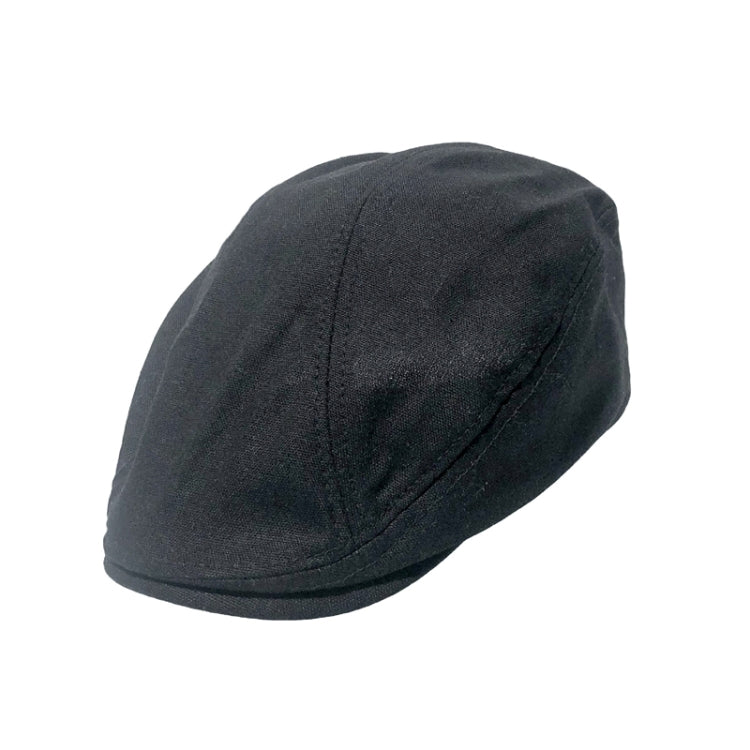 Linen beret-style cap, dark gray, stitched panels, curved crown