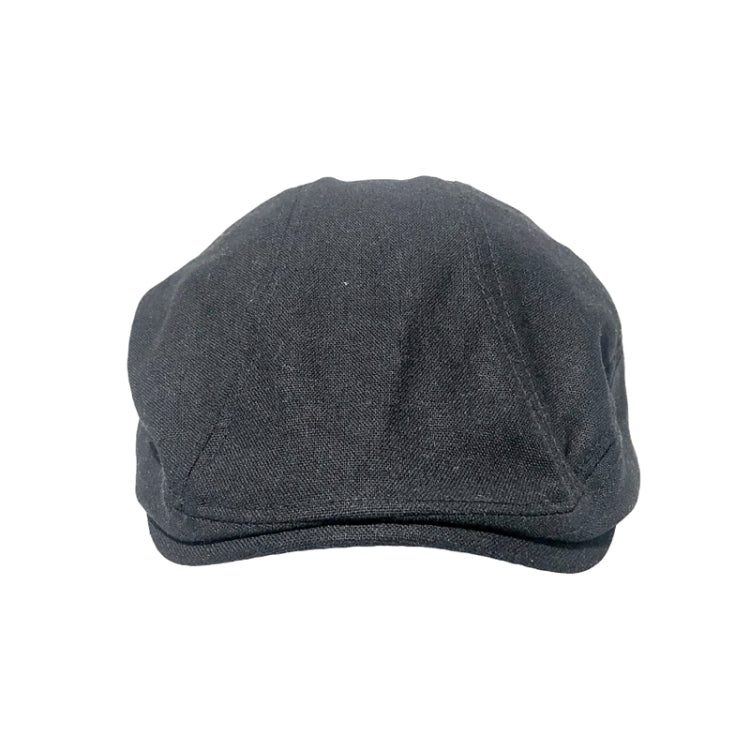 Linen beret-style cap, charcoal gray, flat front seam, curved brim