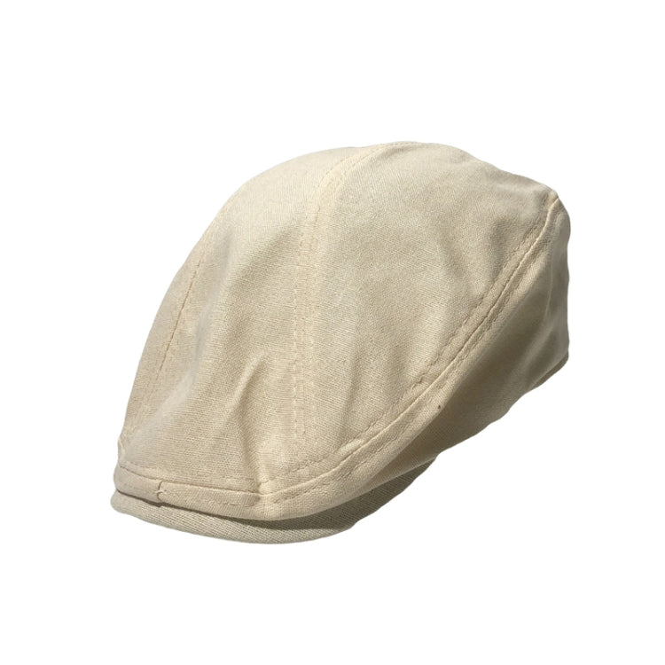Linen beret-style cap, light beige, structured crown with curved brim