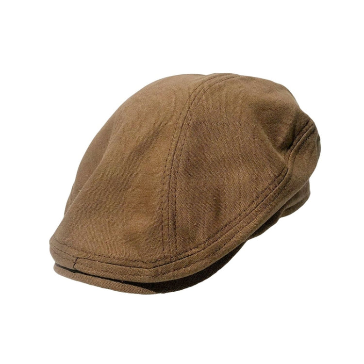 Linen beret-style cap, brown, stitched panels and curved front brim