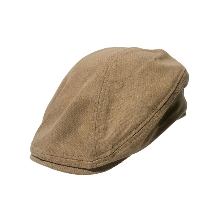 Linen beret-style cap, medium tan, side seam detail and curved brim