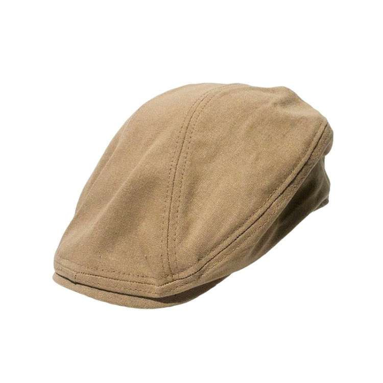 Linen beret-style cap, sand beige, simple stitched crown and curved brim