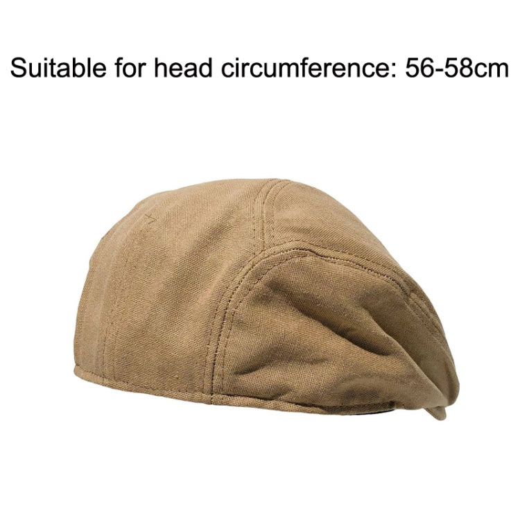 Linen beret-style cap, tan, front panel view with stitched crown