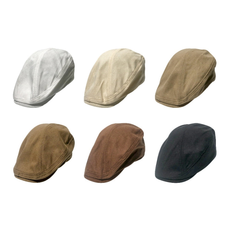 Linen beret cap with stitched panels, shown in multiple neutral shades.