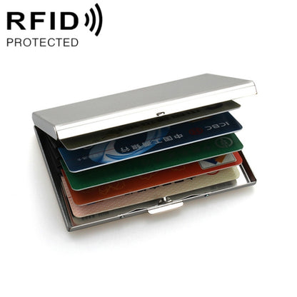 RFID anti-degaussing metal card box with cards loaded, open top and sliding closure