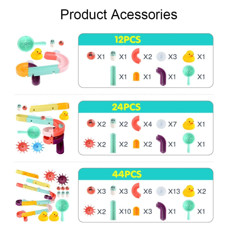 Bath slide block toy accessories set showing 12, 24, and 44-piece contents