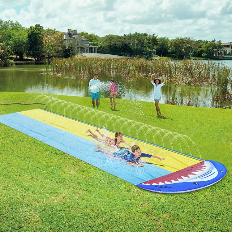 PVC water spray shark inflatable slide, blue/yellow with pink teeth border