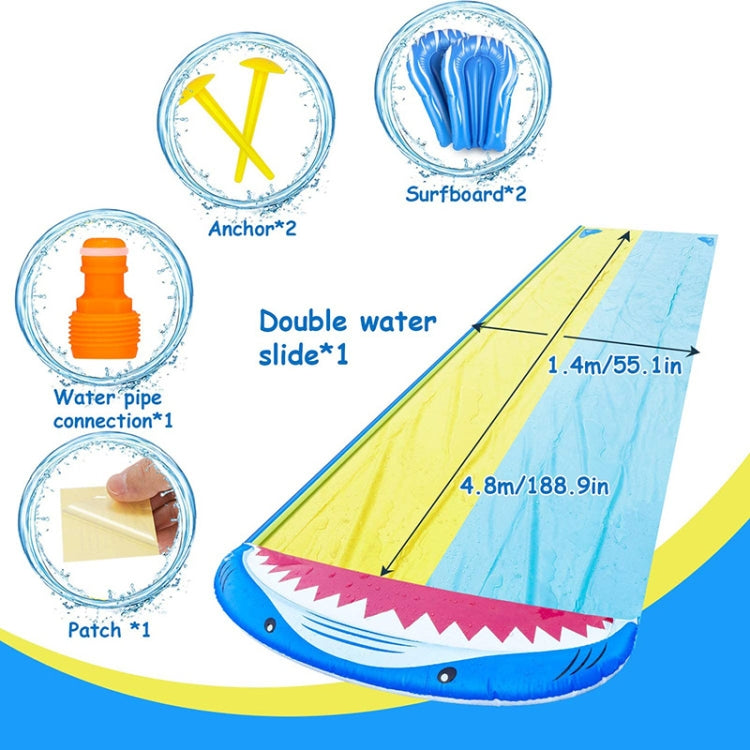 PVC water spray shark inflatable slide with surfboards, blue/yellow