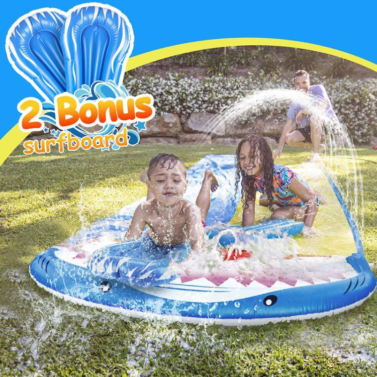 PVC water spray shark inflatable slide with bonus surfboard, splashing water
