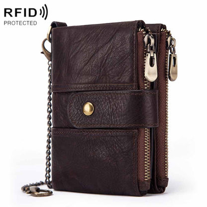 Brown RFID zip coin wallet with front buckle strap and metal zipper pulls
