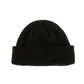 Black ribbed knit beanie hat with cuff and small distressed frayed spots
