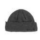 Grey ribbed knit beanie hat with cuff and small distressed frayed spots