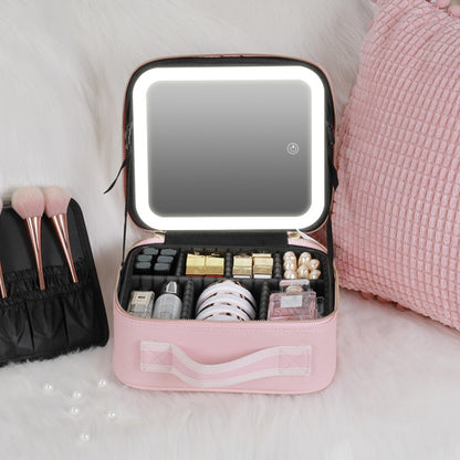 Pink makeup bag with built-in LED lamp, open top organizer compartments and clear lid window