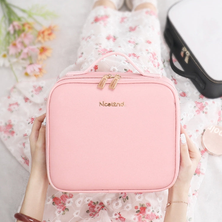 Pink zip-up makeup bag with compact square shape and gold-tone double clasp front