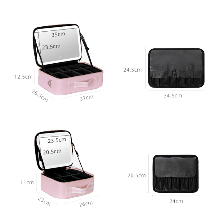 Pink makeup bag with built-in LED lamp, shown open with interior organizer panels