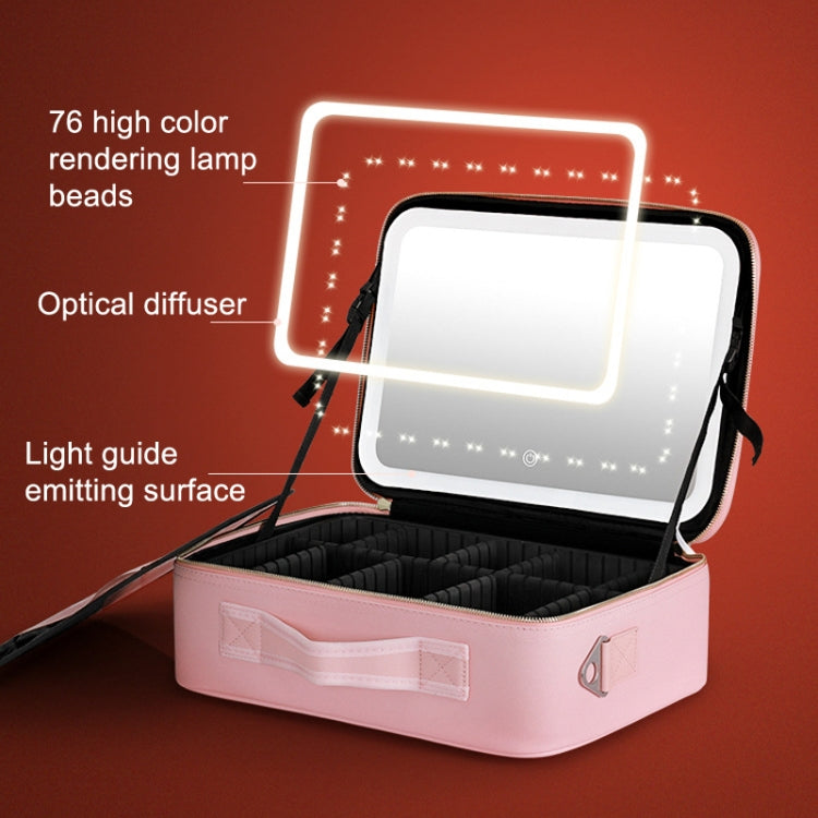 Pink makeup bag with built-in LED lamp panel switched on, hinged lid open