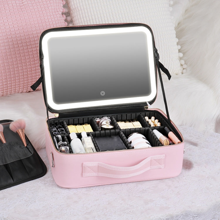 Pink makeup bag with built-in LED lamp, open organizer layout for cosmetics and bottles