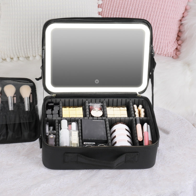 Black makeup bag with built-in LED lamp, open organizer holding makeup essentials