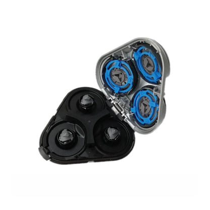 Replacement shaver head, black housing with silver frame and blue cutting blades