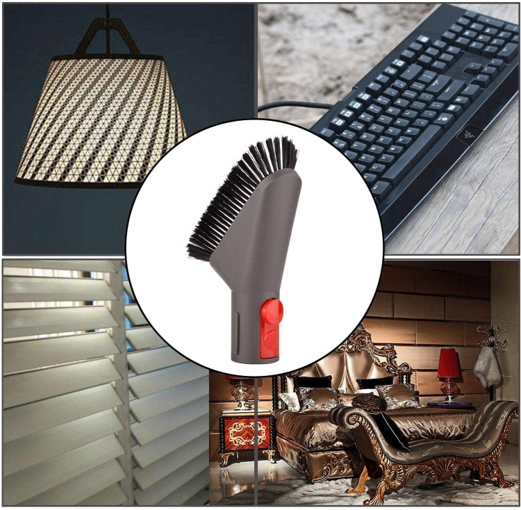 Vacuum brush head with dense bristles and red switch, shown in a circular inset.