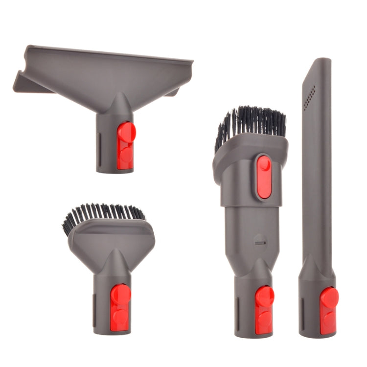 Vacuum accessory set featuring brush heads, a crevice tool, and slim hose attachment with red buttons.