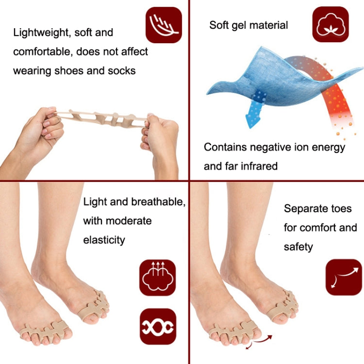 Silicone toe corrector, flexible toe-separator piece shown on a foot
