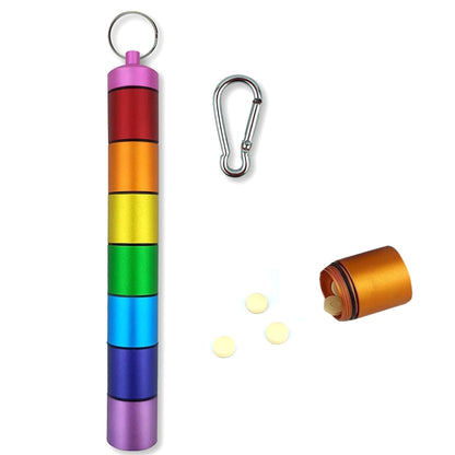 Colorful split pill box with key ring, carabiner, and compartments for tablets