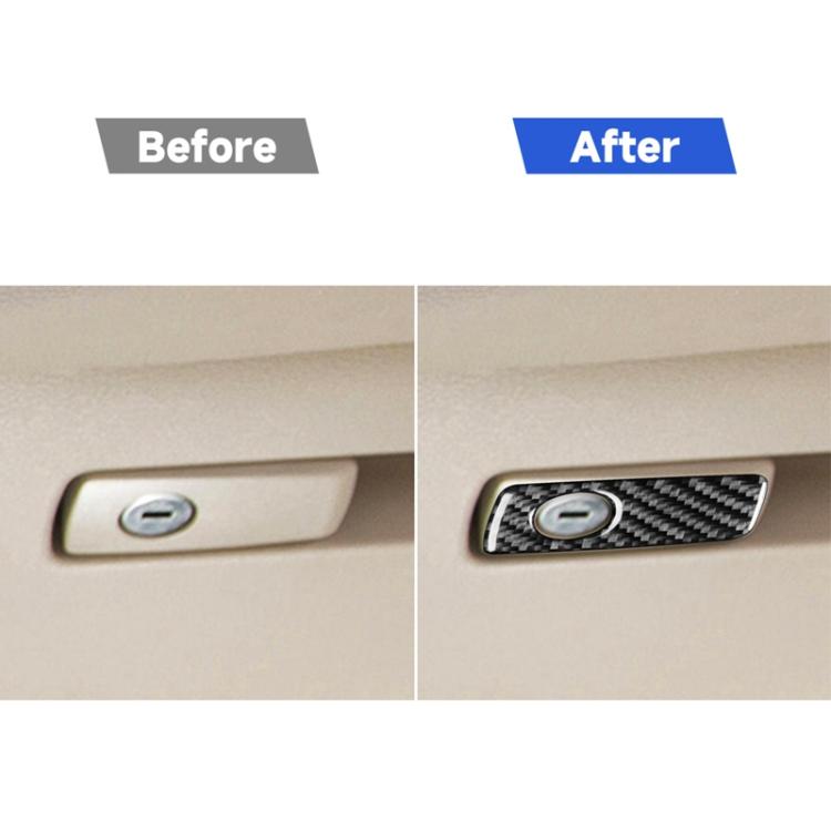 Glove box handle trim sticker in carbon-fiber style with circular center