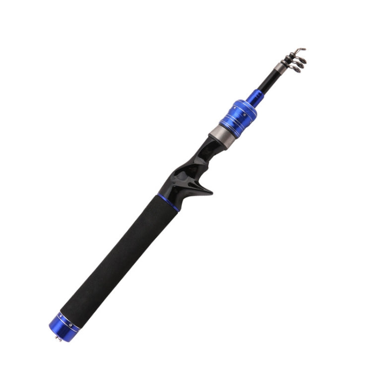 Blue mini telescopic fishing rod with curved handle and 3 metal line guides