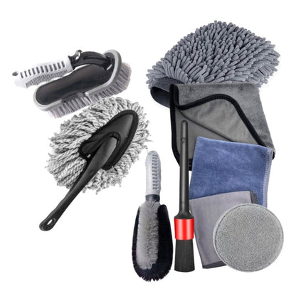 Car wash cleaning kit: gray microfiber mitt, tire brush, detail brush, towels