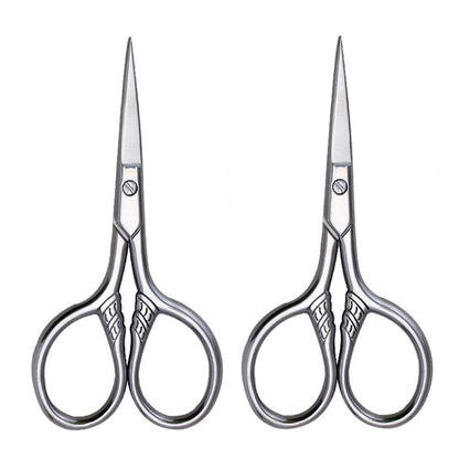 Beard trimming scissors set of 2, pointed tips and round finger loops, shiny silver metal
