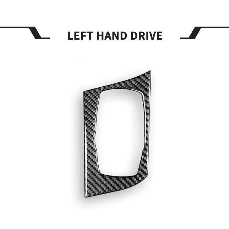 Carbon-fiber LHD multimedia knob panel sticker with rectangular cutout frame.