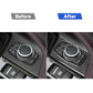 Multimedia knob panel sticker before-and-after showing carbon-fiber trim.