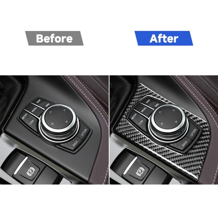 Multimedia knob panel sticker before-and-after showing carbon-fiber trim.