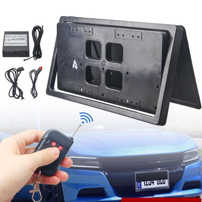 Retractable license plate holder with hidden shutter cover, dark frame and remote key fob