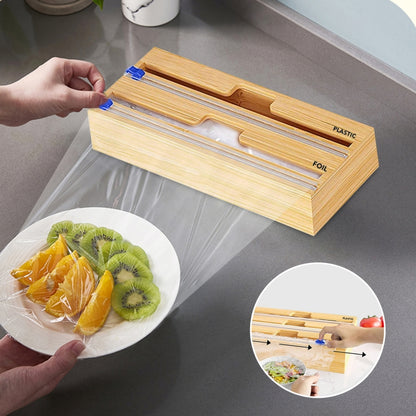 Wood kitchen wrap dispenser box with two slots and blue tab labels for foil and plastic
