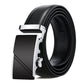 Men's black leather belt with automatic buckle, silver-tone plate with diagonal line.