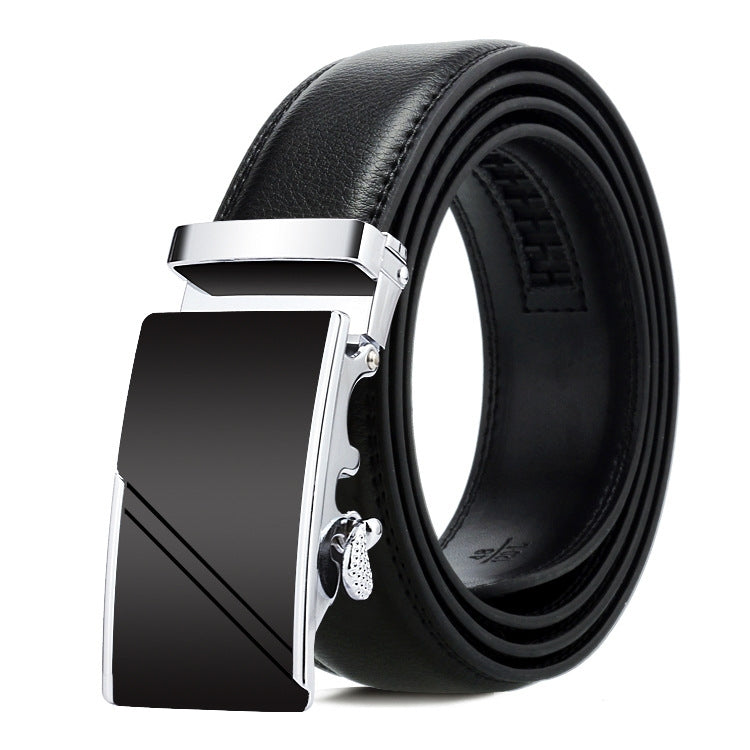 Men's black leather belt with automatic buckle, silver-tone plate with diagonal line.